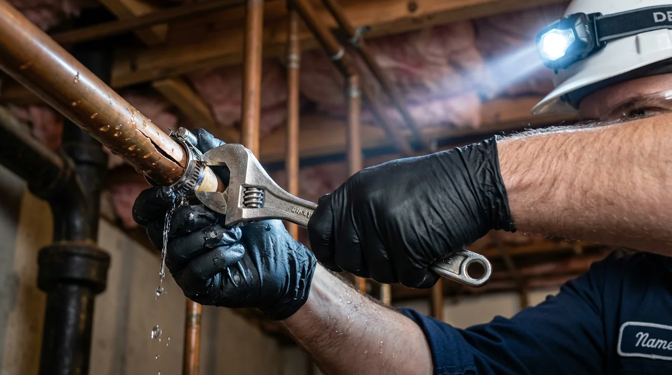 Emergency pipe clamp repair being performed by a Johns Plumbing LLC plumber in Higganum