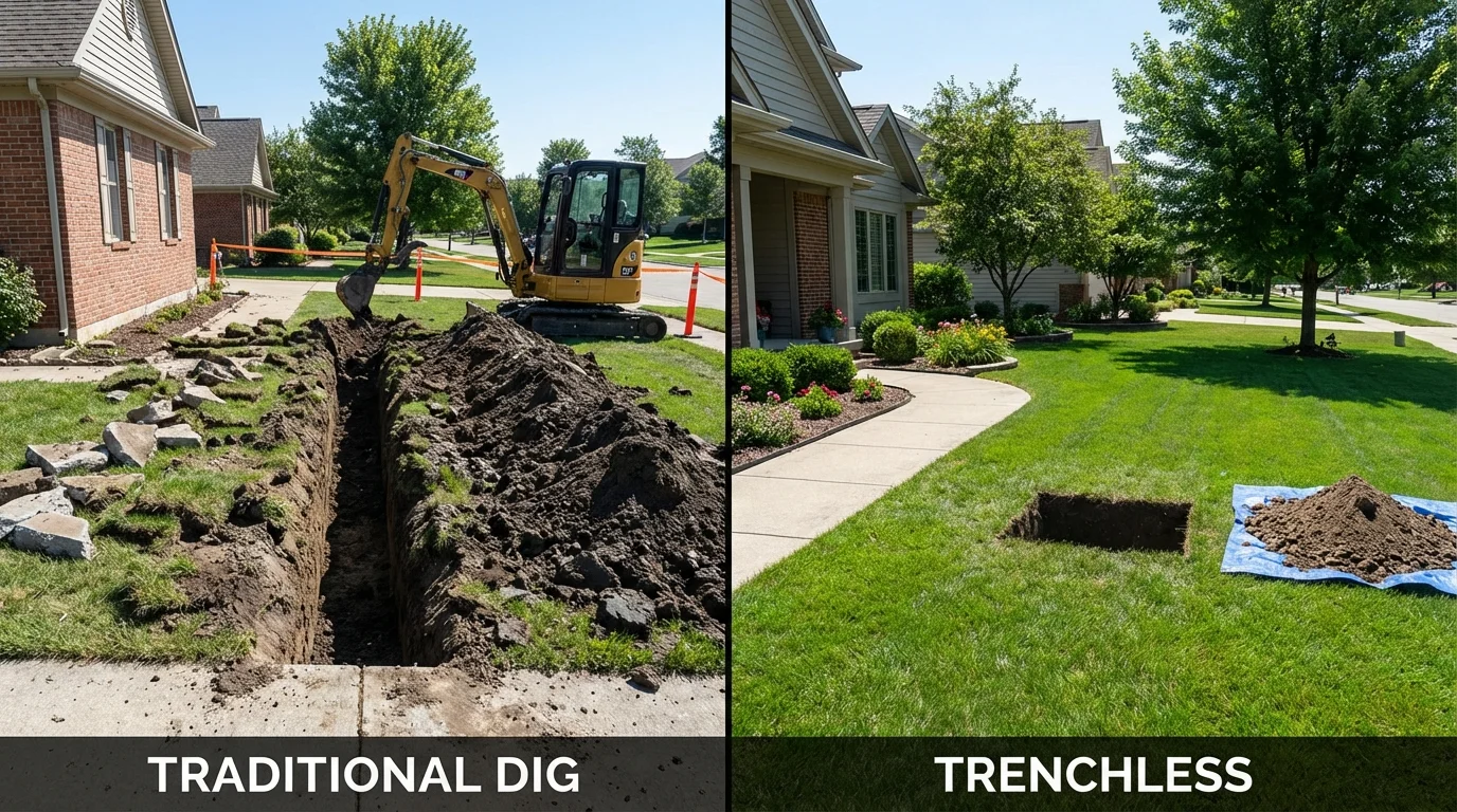 Trenchless sewer repair with minimal yard damage versus traditional excavation in Higganum, CT