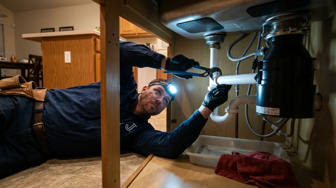 P-trap and supply line connections under a kitchen sink showing a common leak point in Higganum, CT